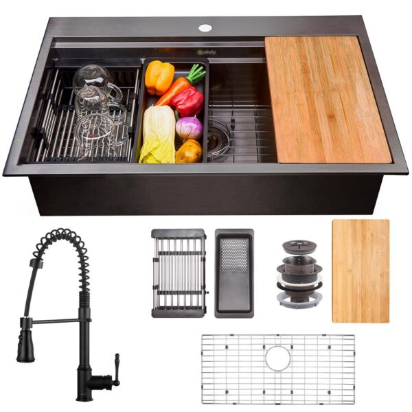 All-in-One Matte Black Finished Stainless Steel 32 in. x 22 in. Single Bowl Drop-in Kitchen Sink with Spring Neck Faucet