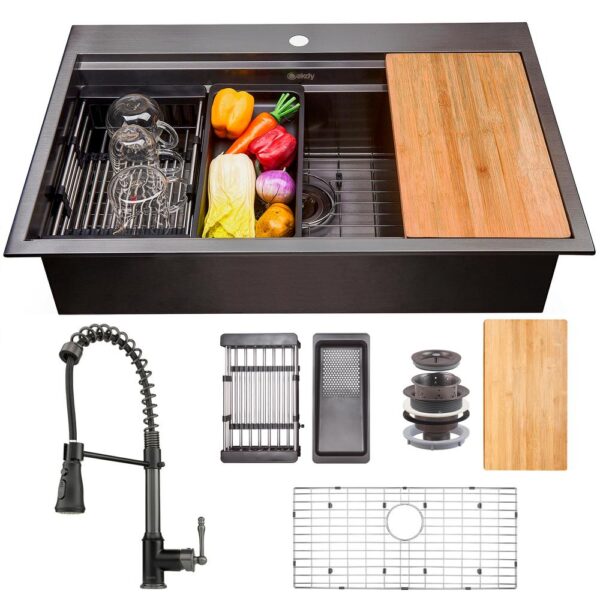 All-in-One Matte Black Finished Stainless Steel 33 in. x 22 in. Single Bowl Drop-In Kitchen Sink with Spring Neck Faucet