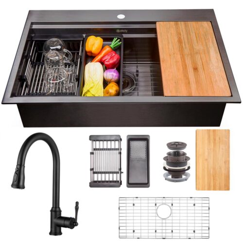 All-in-One Matte Black Finished Stainless Steel 33 in. x 22 in. Single Bowl Drop-in Kitchen Sink with Pull-down Faucet