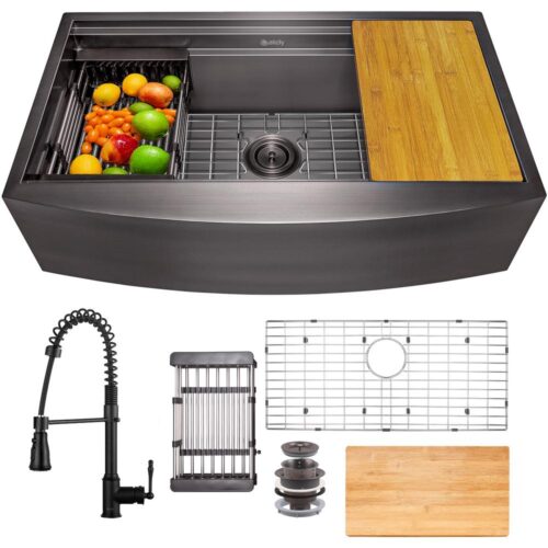 All-in-One Matte Black Finished Stainless Steel 33 in. x 20 in. Farmhouse Apron Mount Kitchen Sink with Faucet