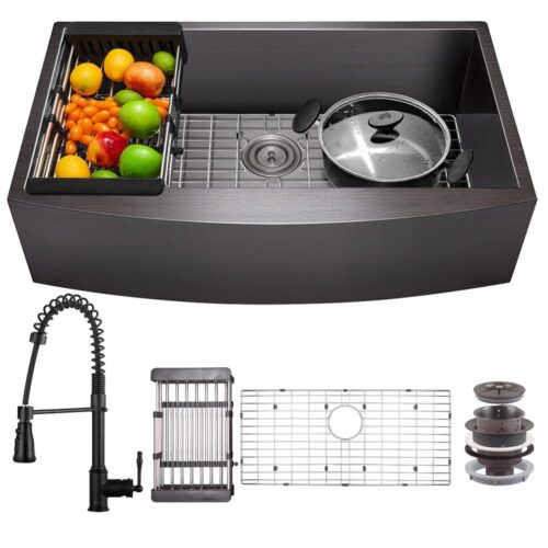 All-in-One Matte Black Finished Stainless Steel 33 in. x 20 in. Farmhouse Apron Mount Kitchen Sink with Faucet