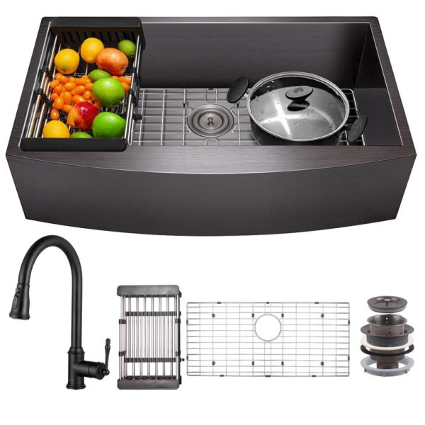 All-in-One Matte Black Finished Stainless Steel 30 in. x 20 in. Farmhouse Apron Mount Kitchen Sink with Pull-down Faucet