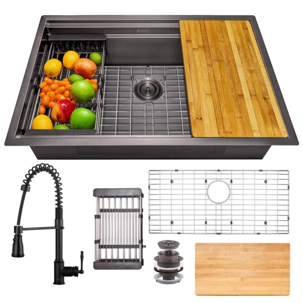 All-in-One Matte Black Finished Stainless Steel 30 in. x 18 in. Undermount Kitchen Sink with Spring Neck Faucet