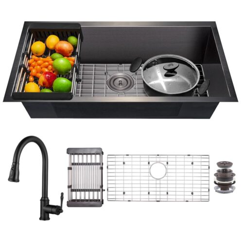 All-in-One Matte Black Finished Stainless Steel 32 in. x 18 in. Undermount Single Bowl Kitchen Sink with Faucet