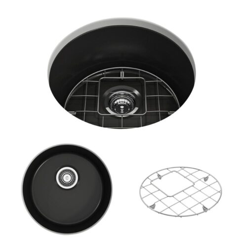 Sotto Undermount Fireclay 18.5 in. Single Bowl Round Kitchen Sink with Bottom Grid and Strainer in Matte Black