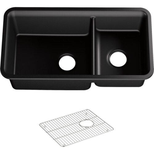 Cairn Undermount Neoroc Granite Composite 33.5 in. Bowl Double Bowl Kitchen Sink Kit in Matte Black