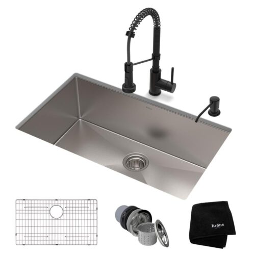 Standart PRO All-in-One Undermount Stainless Steel 32 in. Single Bowl Kitchen Sink with Faucet in Matte Black