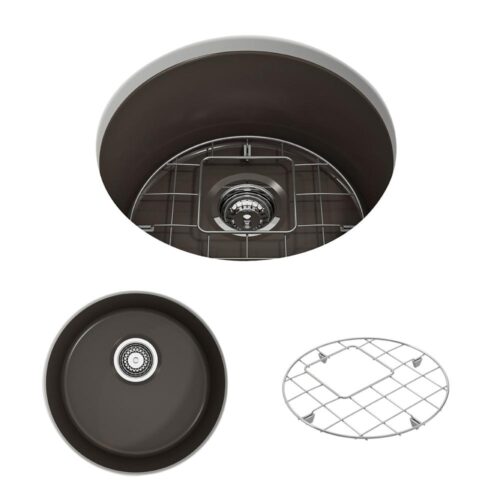 Sotto Undermount Fireclay 18.5 in. Single Bowl Round Kitchen Sink with Bottom Grid and Strainer in Matte Brown