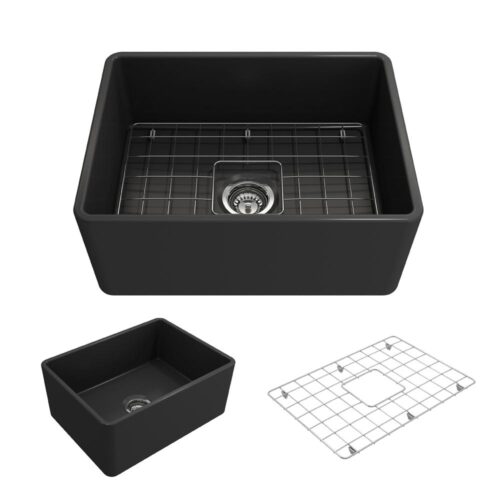 Classico Farmhouse Apron Front Fireclay 24 in. Single Bowl Kitchen Sink with Bottom Grid and Strainer in Matte Dark Gray