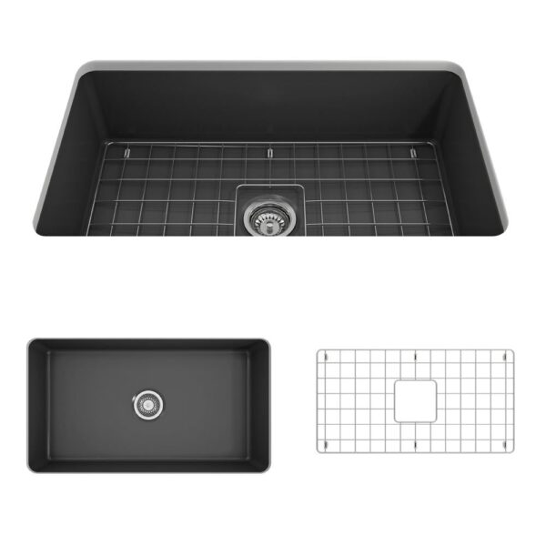 Sotto Undermount Fireclay 32 in. Single Bowl Kitchen Sink with Bottom Grid and Strainer in Matte Dark Gray