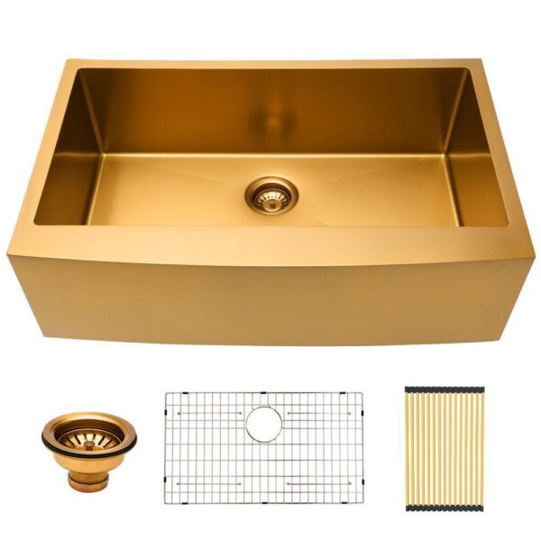 Stainless Steel 33 in. Single Bowl Farmhouse Apron Front Kitchen Sink 16-Gauge Matte Gold Farm Sink Basin