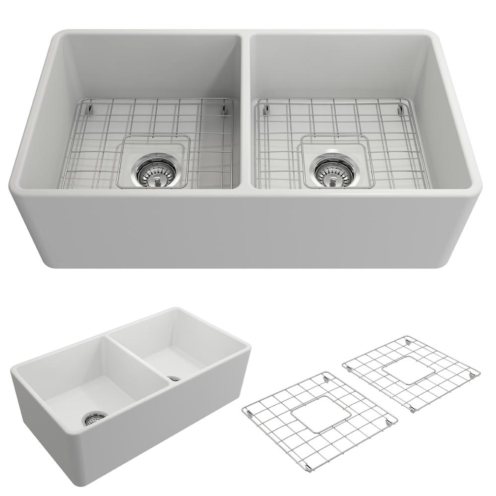 Classico Farmhouse Apron Front Fireclay 33 in. Double Bowl Kitchen Sink with Bottom Grid and Strainer in Matte White Classico Farmhouse Apron Front Fireclay 33 in. Double Bowl Kitchen Sink with Bottom Grid and Strainer in Matte White