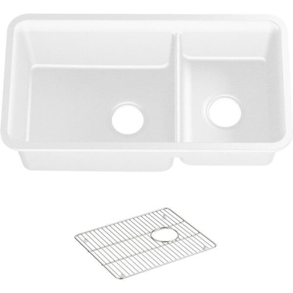 Cairn Undermount Neoroc Granite Composite 33.5 in. Double Bowl Kitchen Sink Kit in Matte White