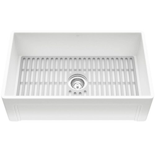 Matte Stone White Composite 30 in. Single Bowl Farmhouse Apron-Front Kitchen Sink Set with Strainer and Silicone Grid