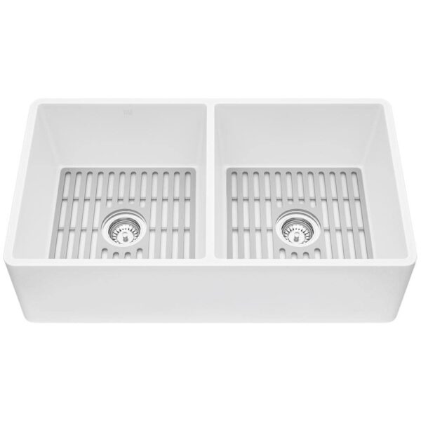 Matte Stone White Composite 33 in. Double Bowl Flat Farmhouse Apron-Front Kitchen Sink with Strainers and Silicone Grids