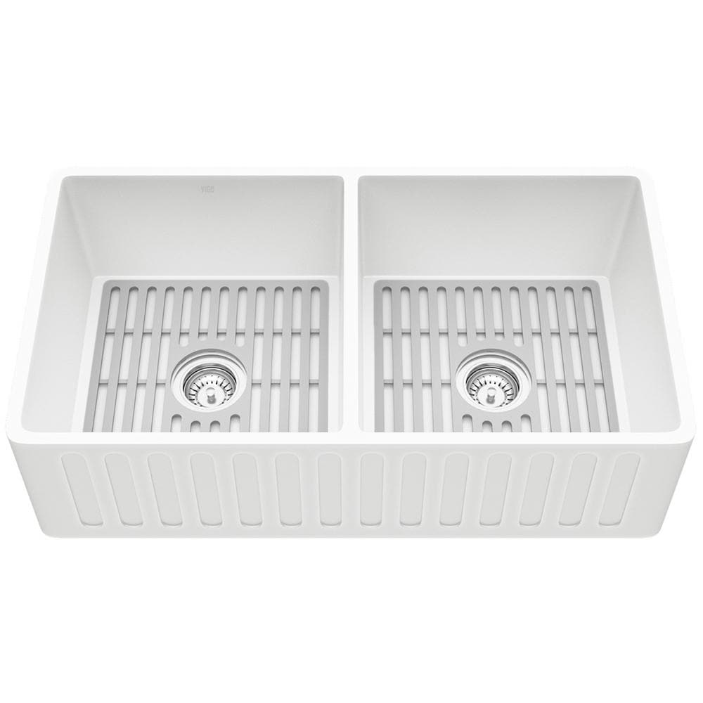 Matte Stone White Composite 33 in. Double Bowl Farmhouse Apron-Front Kitchen Sink Set with Strainers and Silicone Grids Matte Stone White Composite 33 in. Double Bowl Farmhouse Apron-Front Kitchen Sink Set with Strainers and Silicone Grids