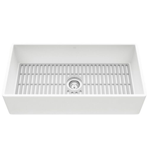 Matte Stone White Composite 36 in. Single Bowl Flat Farmhouse Apron-Front Kitchen Sink with Strainer and Silicone Grid