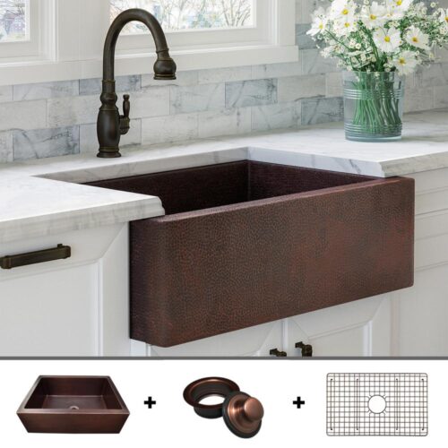 Luxury 33 in. Heavy 12-Gauge Dark Copper Single Bowl Farmhouse Kitchen Sink Flat Front Includes Grid and Flange