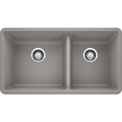 PRECIS Undermount Granite Composite 33 in. 60/40 Double Bowl Kitchen Sink in Metallic Gray