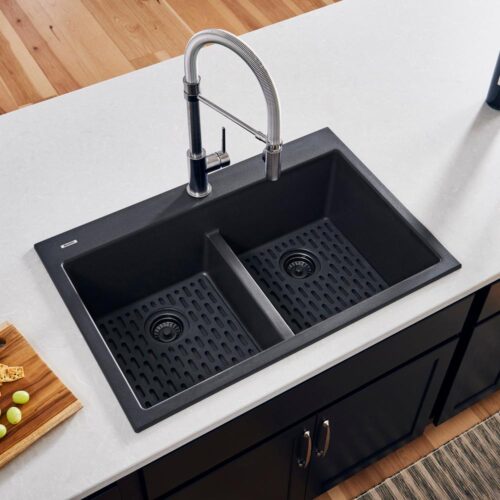 33 in. x 22 in. Double Bowl Drop-in Granite Composite Kitchen Sink  in Midnight Black