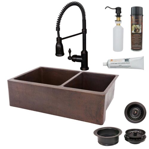 All-in-One Farmhouse Apron-Front Copper 33 in. 0-Hole 6040 Double Basin Kitchen Sink in Oil Rubbed Bronze