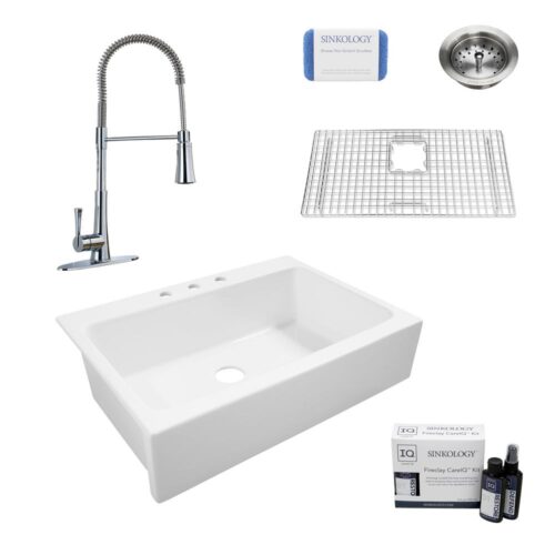 Josephine All-in-One Quick-Fit Farmhouse Fireclay 33.85 in. 3-Hole Single Bowl Kitchen Sink with Pfister Zuri Faucet