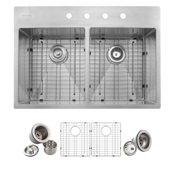 Drop-in Stainless Steel 33 in. 4-Hole Double Bowl 50/50 Kitchen Sink Kit in Satin