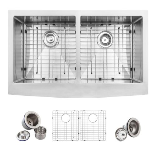 Farmhouse Apron Front Stainless Steel 33 in. Double Bowl 50/50 Kitchen Sink Kit in Satin