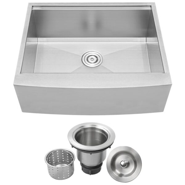 Bryce Zero Radius Farmhouse Apron Front 16-Gauge Stainless Steel 27 in. Single Basin Kitchen Sink with Basket Strainer