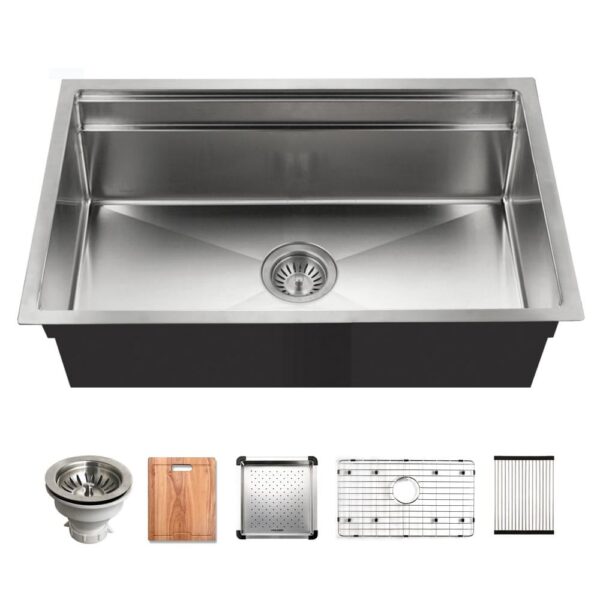 Novus Series Undermount Stainless Steel 32 in. Single Bowl Kitchen Sink with Sliding Dual Platform Workstation