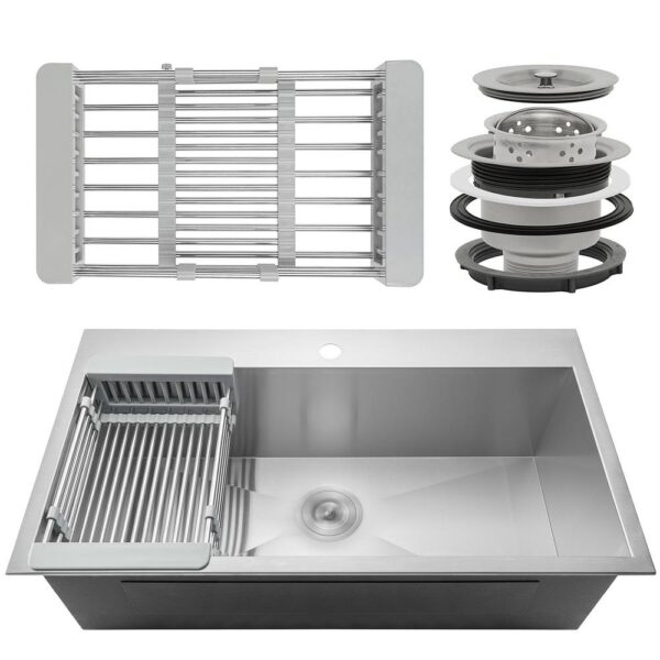 Handmade Drop-in Stainless Steel 33 in. x 22 in. Single Bowl Kitchen Sink with Drying Rack