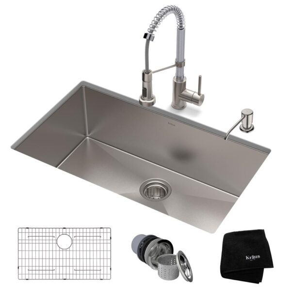 Standart PRO All-in-One Undermount Stainless Steel 30 in. Single Bowl Kitchen Sink with Faucet in Stainless Steel Chrome