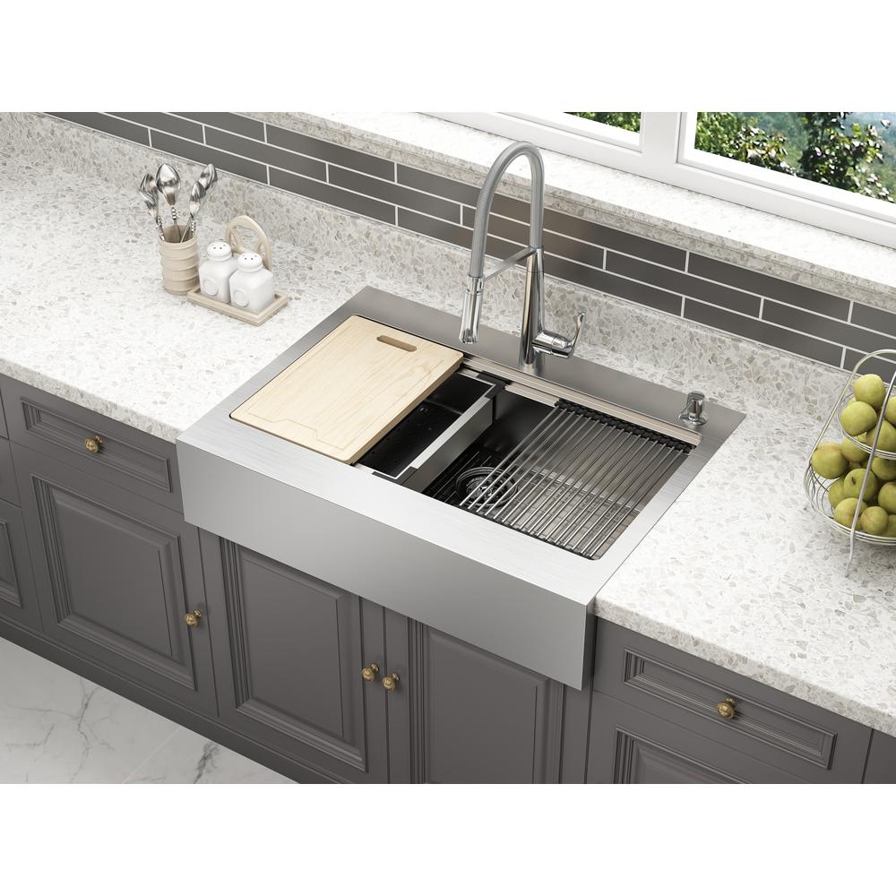 Blanchard Retrofit Workstation DualMount Stainless Steel 33in. 2Hole Single Bowl Flat Farmhouse Apron Front Kitchen Sink Blanchard Retrofit Workstation DualMount Stainless Steel 33in. 2Hole Single Bowl Flat Farmhouse Apron Front Kitchen Sink