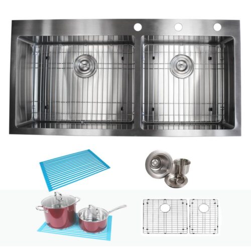 Drop-in Top Mount 16-Gauge Stainless Steel 42-7/8 in x 21-1/2 in x 10 in 60/40 Offset Double Bowl Kitchen Sink Combo