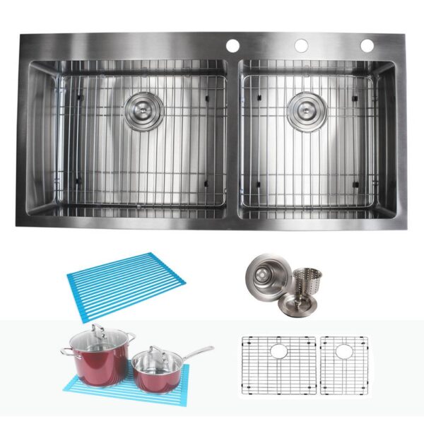 Drop-in Top Mount 16-Gauge Stainless Steel 42-7/8 in x 21-1/2 in x 10 in 60/40 Offset Double Bowl Kitchen Sink Combo