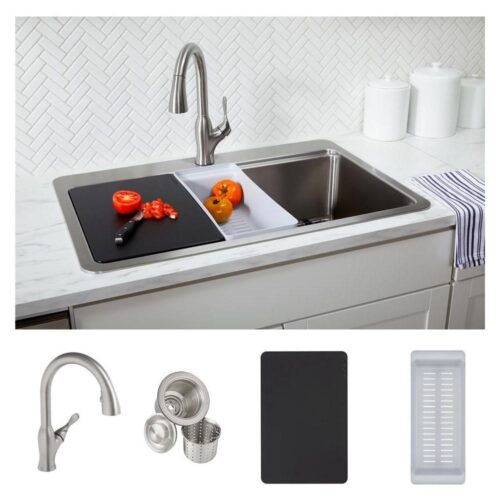 Avenue Stainless Steel 33 in. Single Bowl Undermount/Drop-in Kitchen Sink with Faucet and Workstation Kit