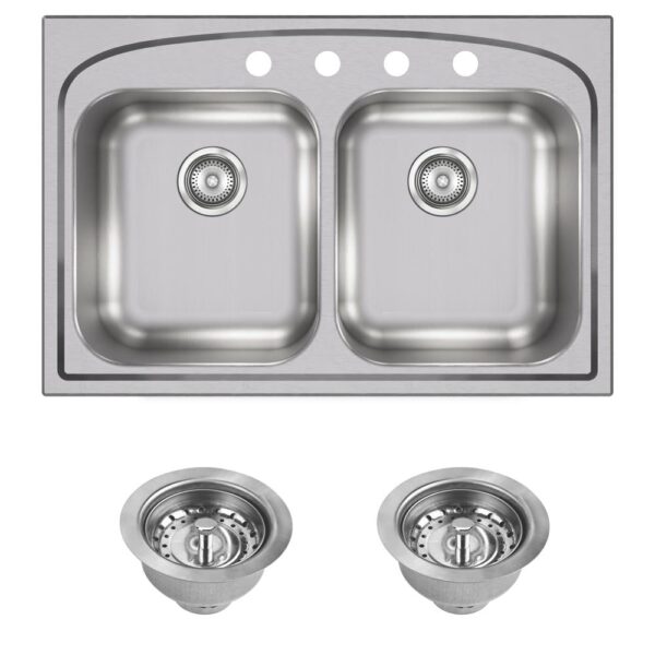 Pergola Drop-In Stainless Steel 33 in. 4-Hole Double Bowl Kitchen Sink with Drain