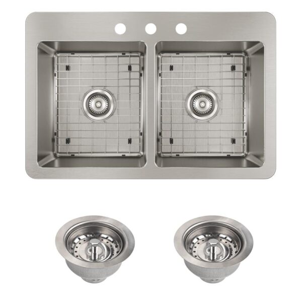Avenue Drop-in/Undermount Stainless Steel 33 in. 50/50 Double Bowl Kitchen Sink with Bottom Grid and Drains