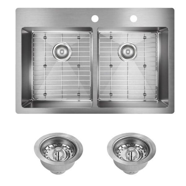 Crosstown Drop-In/Undermount Stainless Steel 33 in. 2-Hole Double Bowl Kitchen Sink with Bottom Grids and Drains