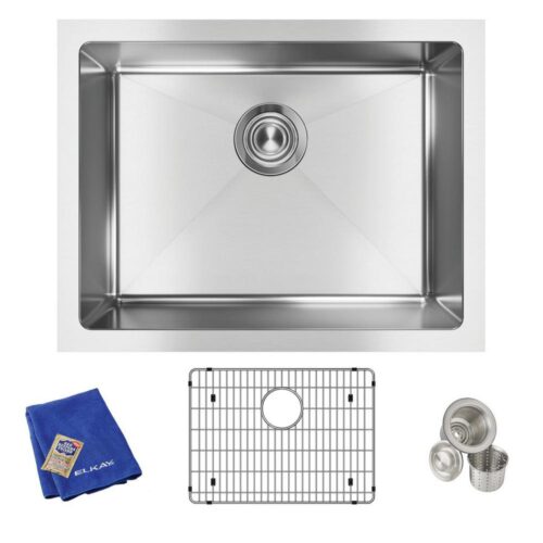 Crosstown Undermount Stainless Steel 24 in. Single Bowl Kitchen Sink with Bottom Grid and Drain