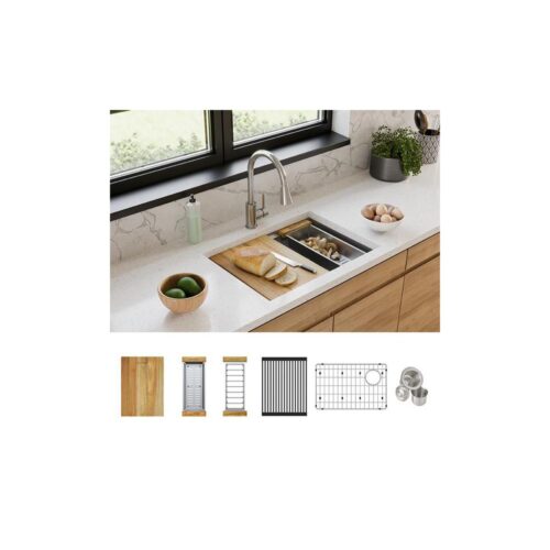 Crosstown Stainless Steel 25-1/2 in. Single Bowl Undermount Kitchen Sink Kit with Workstation