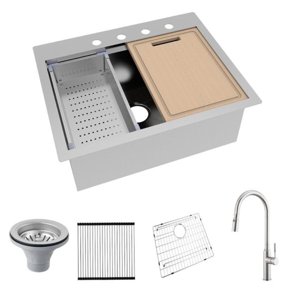 All-in-One Drop-In Stainless Steel 27 in. 4-Hole Single Bowl Kitchen Workstation Sink with Faucet and Accessories