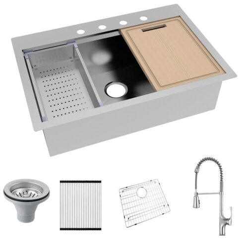 All-in-One Drop-In Stainless Steel 32 in. 4-Hole Single Bowl Kitchen Workstation Sink with Faucet and Accessories