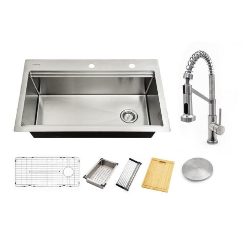 All-in-One 18-Gauge Stainless Steel 33 in. Single Bowl Dual Mount Workstation Kitchen Sink with Faucet and Accessories