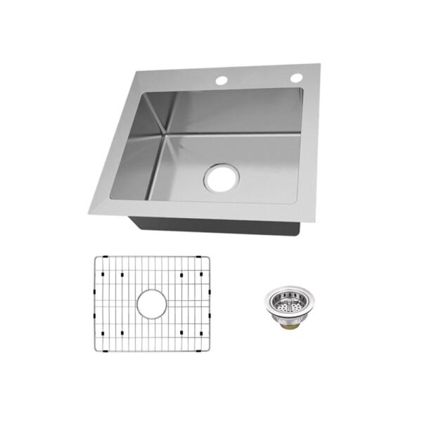 Dual Mount 18-Gauge Stainless Steel 25 in. 2-Hole Single Bowl Kitchen Sink with Grid and Drain Assembly