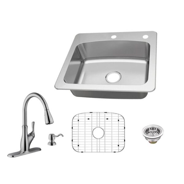 All-in-One Dual Mount 18-Gauge Stainless Steel 25 in. 2-Hole Single Bowl Kitchen Sink with Pull-Out Kitchen Faucet