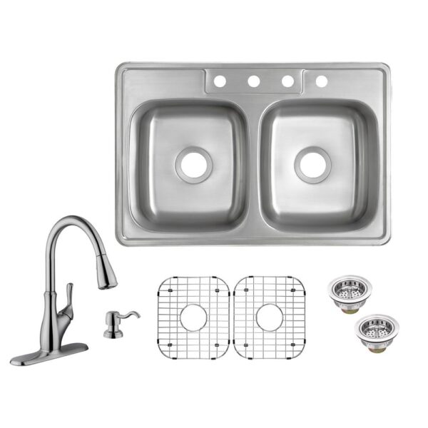 All-in-One Drop-In 20-Gauge Stainless Steel 33 in. 4-Hole 50/50 Double Bowl Kitchen Sink with Pull-Out Kitchen Faucet