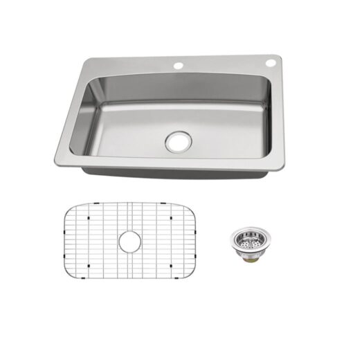 Dual Mount 18-Gauge Stainless Steel 33 in. 2-Hole Single Bowl Kitchen Sink with Grid and Drain Assembly