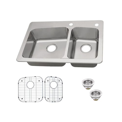 Dual Mount 18-Gauge Stainless Steel 33 in. 2-Hole 60/40 Double Bowl Kitchen Sink with Grid and Drain Assemblies