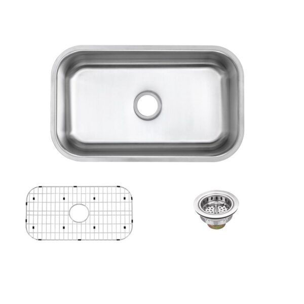 Undermount 16-Gauge Stainless Steel 30 in. 0-Hole Single Bowl Kitchen Sink with Grid and Drain Assemblies